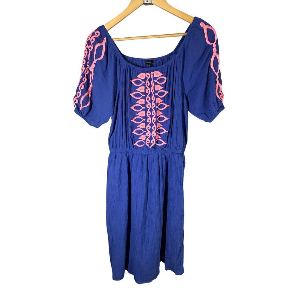 Talbots Crinkle Gauze Square Neck Embroidered Summer Dress Size Medium